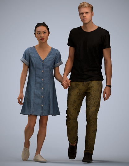 3D human model woman casual couple, photogrammetry scanned person for archviz