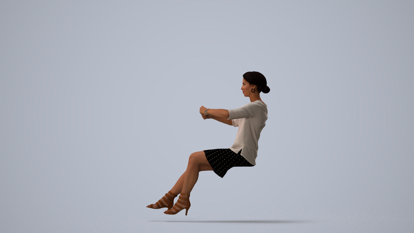 3D scanned woman driving casual, photorealistic archviz people for Enscape and SketchUp, three-quarter view render