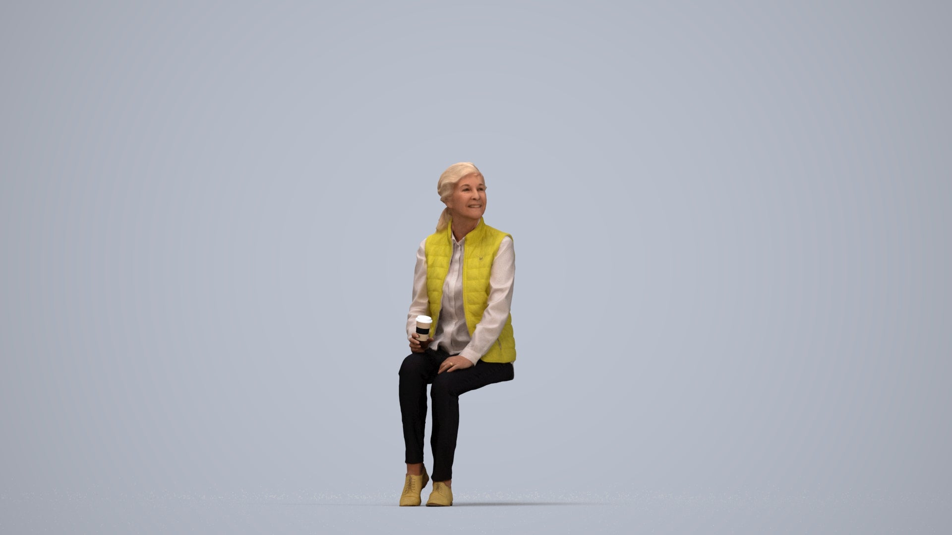 3D scanned senior woman sitting casual, photorealistic archviz people for Enscape and SketchUp, top-down view render