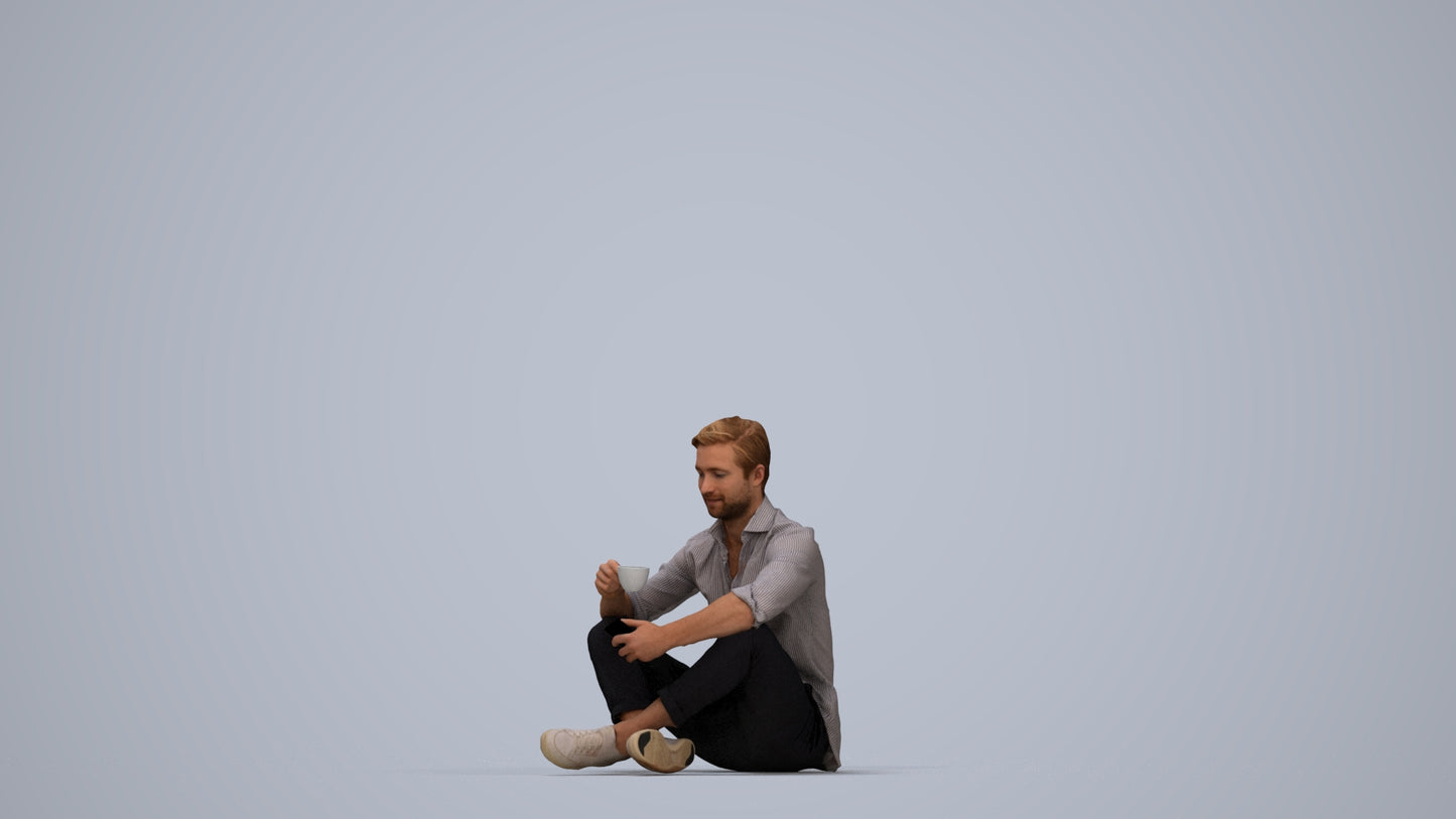 3D scanned man sitting casual, photorealistic archviz people for Enscape and SketchUp, top-down view render