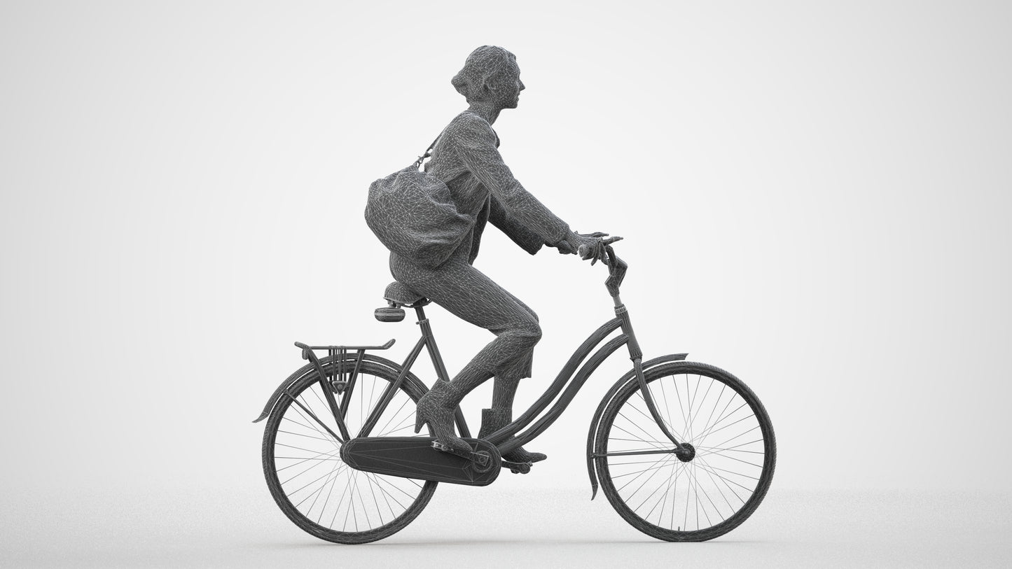 photogrammetry 3D woman business cycling, realistic human model archviz FBX, wireframe side view