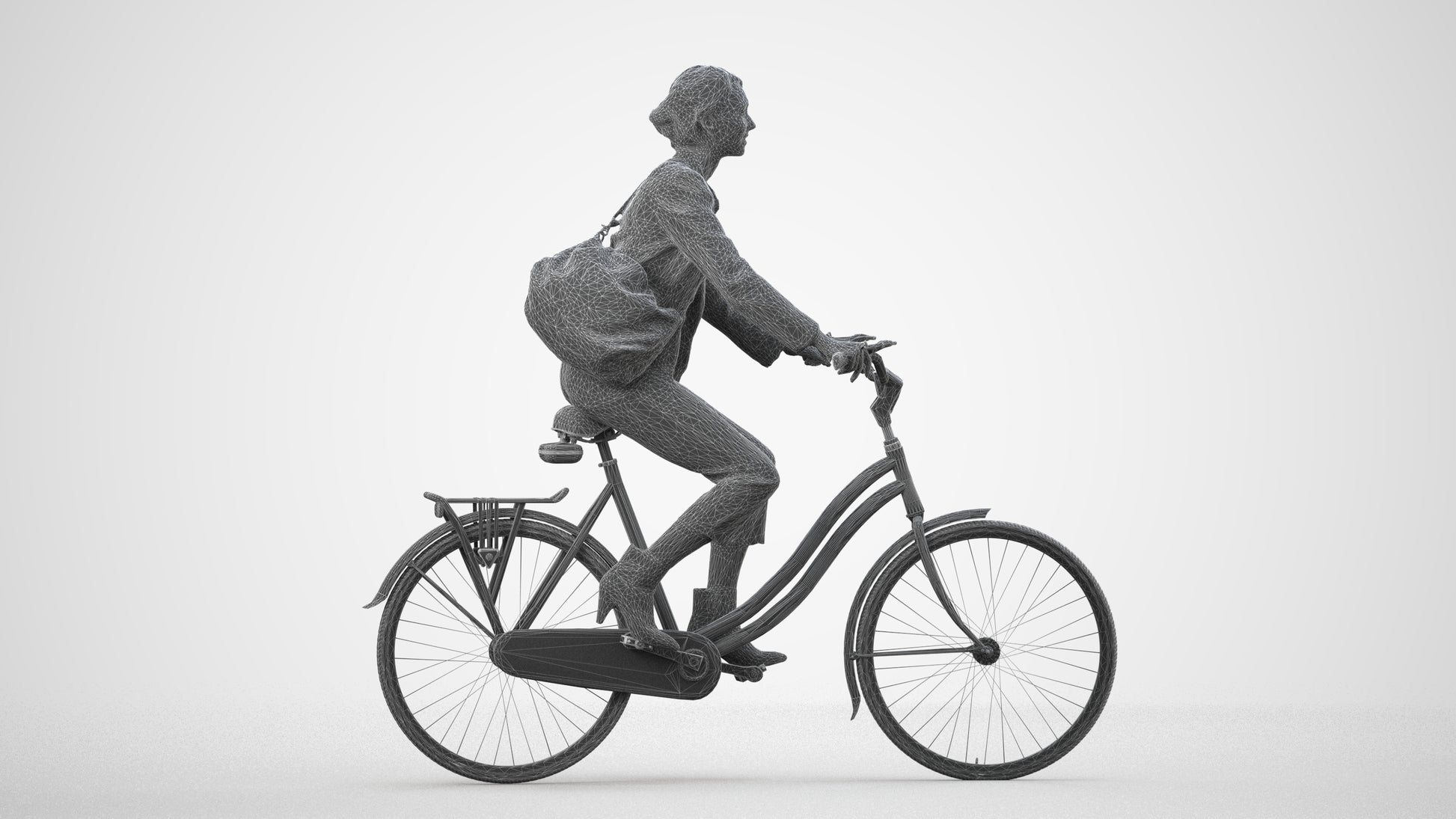 photogrammetry 3D woman business cycling, realistic human model archviz FBX, wireframe side view