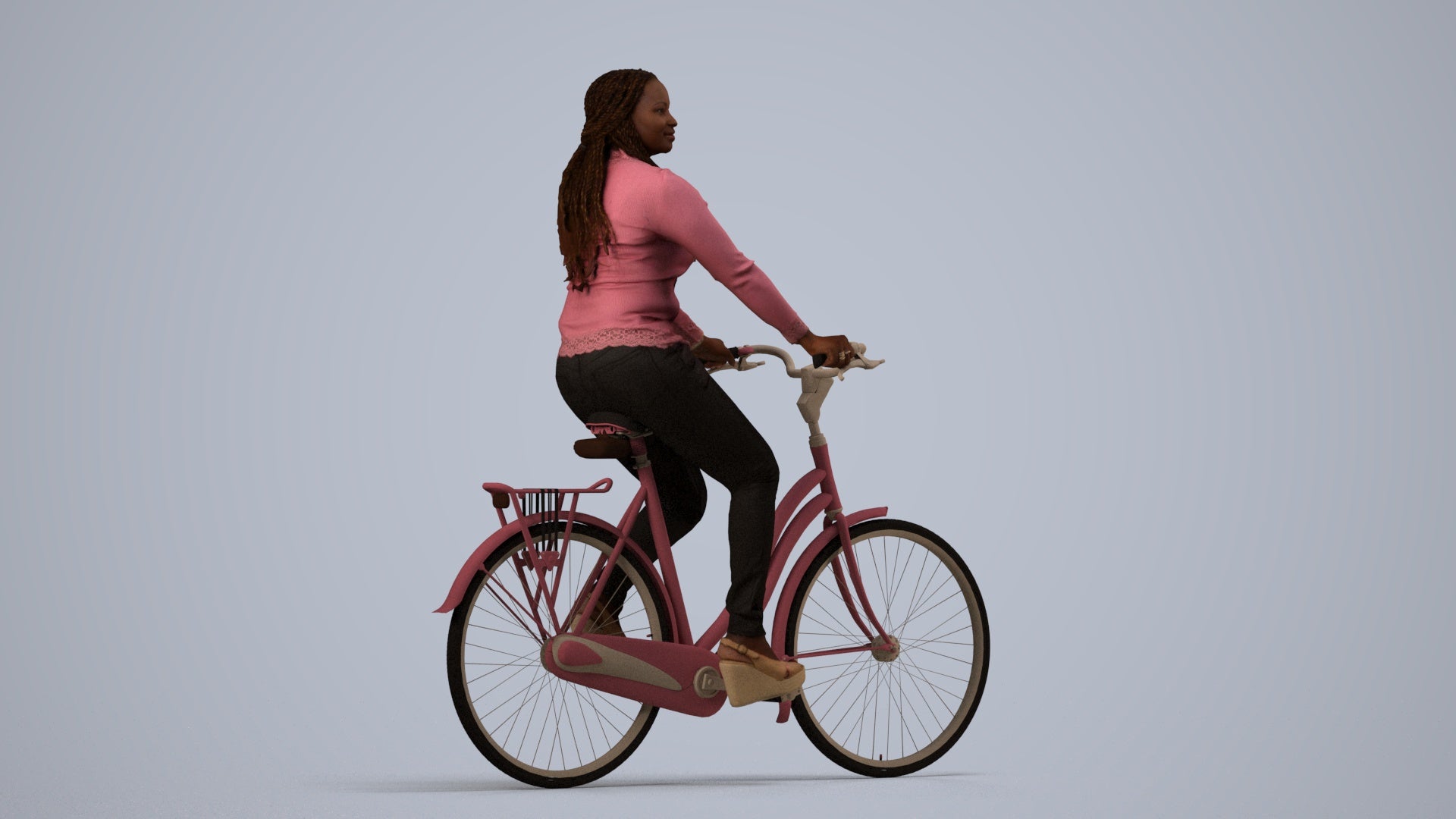 3D human model woman casual cycling, photogrammetry scanned person for archviz, side view render
