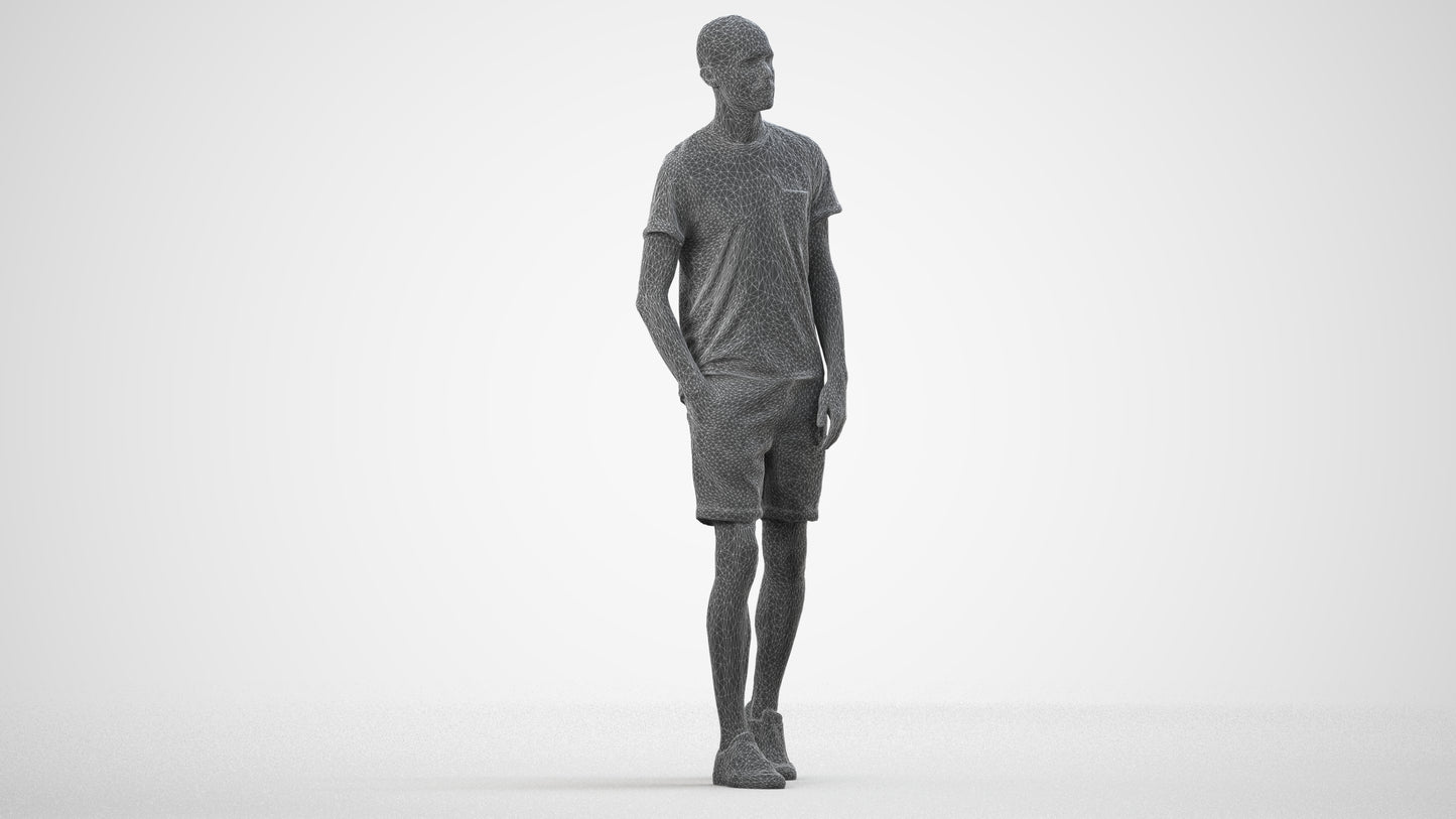 3D people model man casual walking, scanned human for 3ds Max rendering, wireframe side view