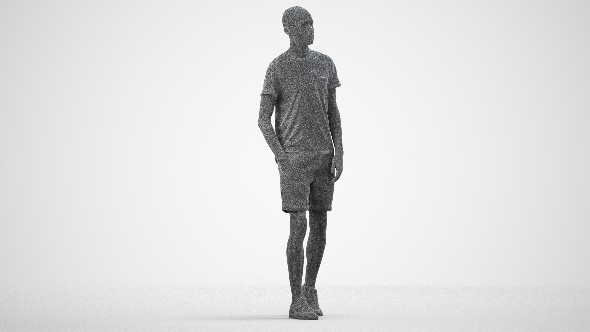 3D people model man casual walking, scanned human for 3ds Max rendering, wireframe side view