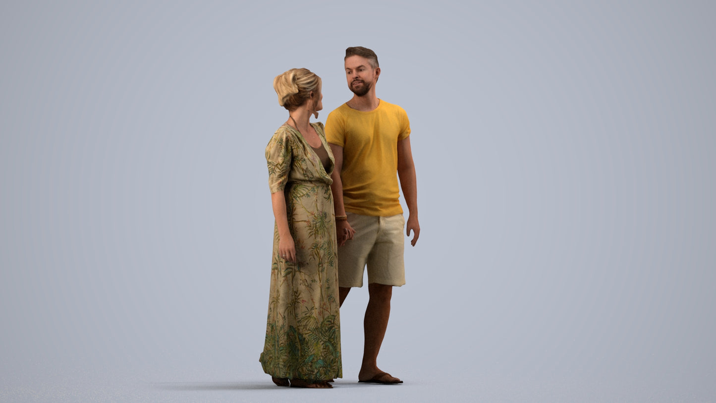 3D human model woman couple, photogrammetry scanned person for archviz, side view render