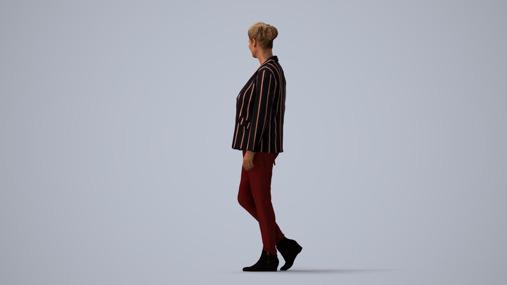 photogrammetry 3D woman business walking, realistic human model archviz FBX, three-quarter view render