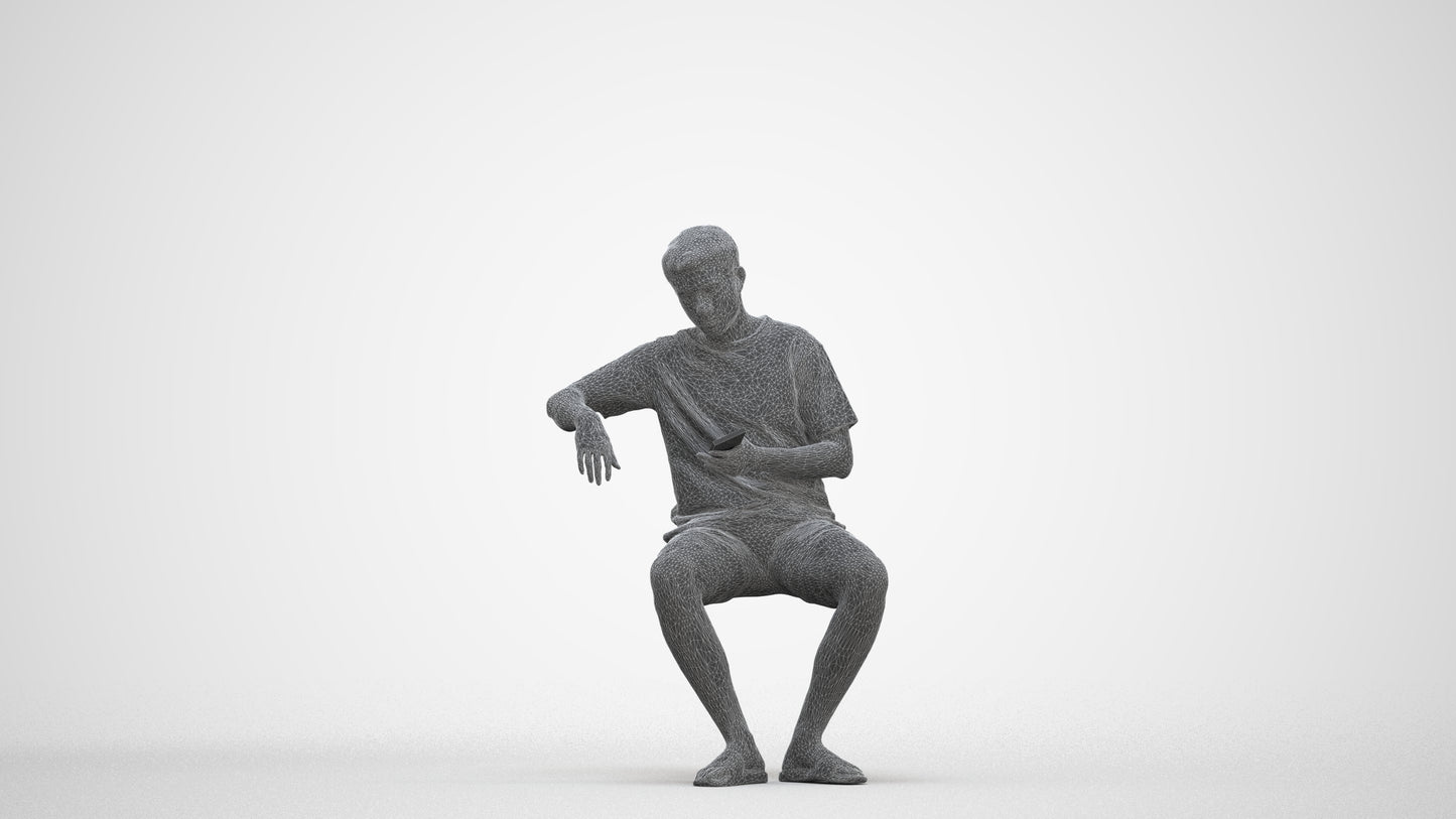 realistic 3D man casual sitting, scanned archviz people for Blender and 3ds Max, three-quarter front view render
