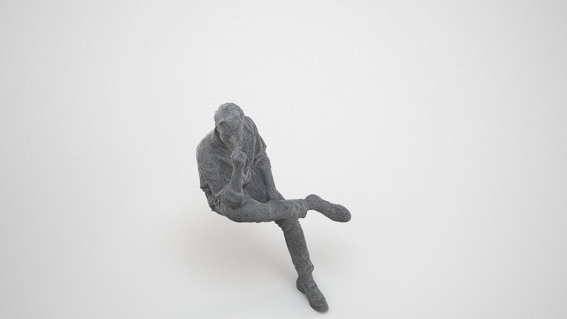 realistic 3D man casual sitting, scanned archviz people for Blender and 3ds Max, wireframe three-quarter view