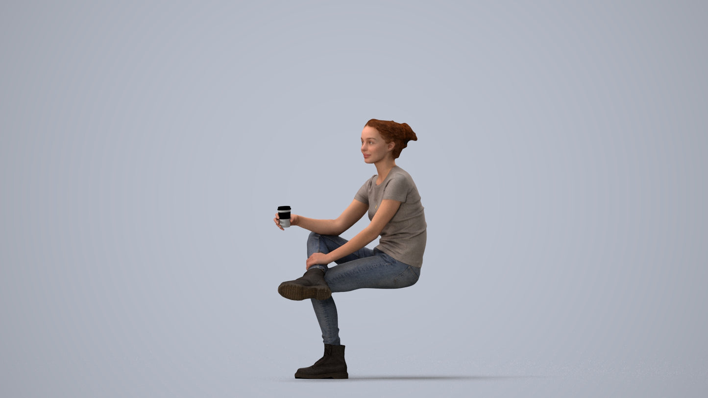 realistic 3D human woman casual sitting, archviz people FBX OBJ for Blender, three-quarter view render