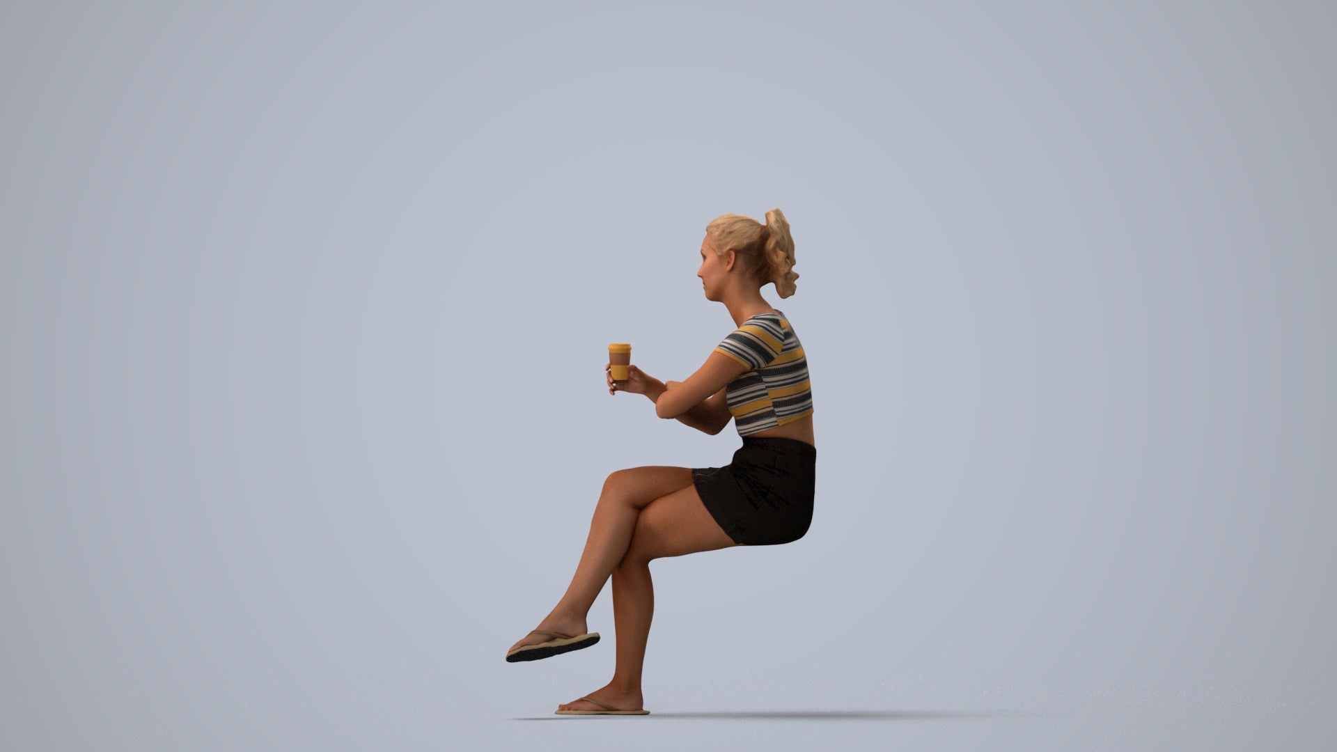 scanned 3D woman casual sitting, photogrammetry people for Enscape and V-Ray, three-quarter view render