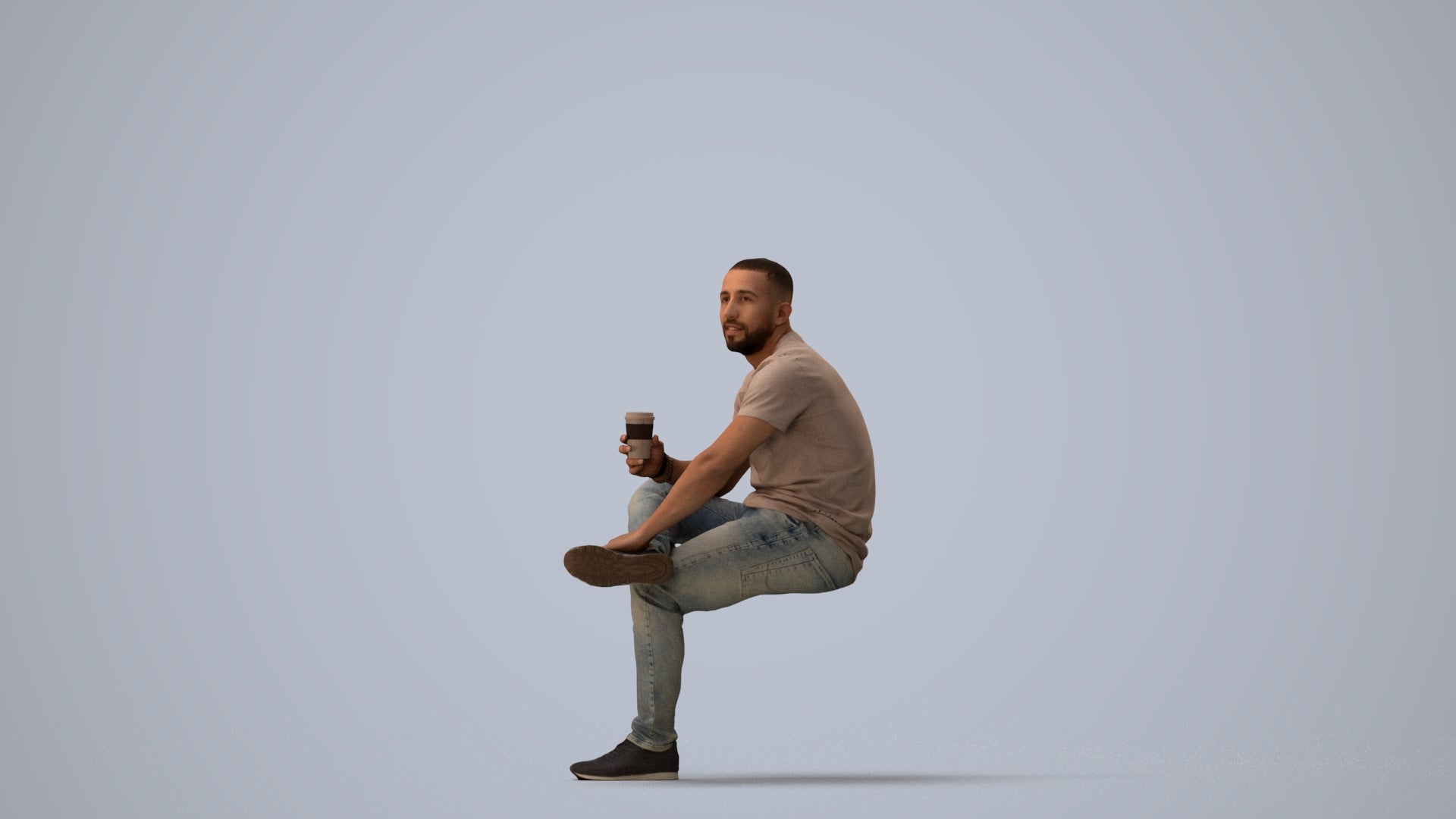 realistic 3D people man casual sitting, render-ready for V-Ray and Corona, FBX OBJ, three-quarter view render