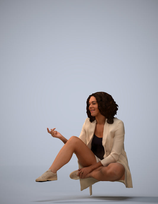3D human model woman business sitting, photogrammetry scanned person for archviz
