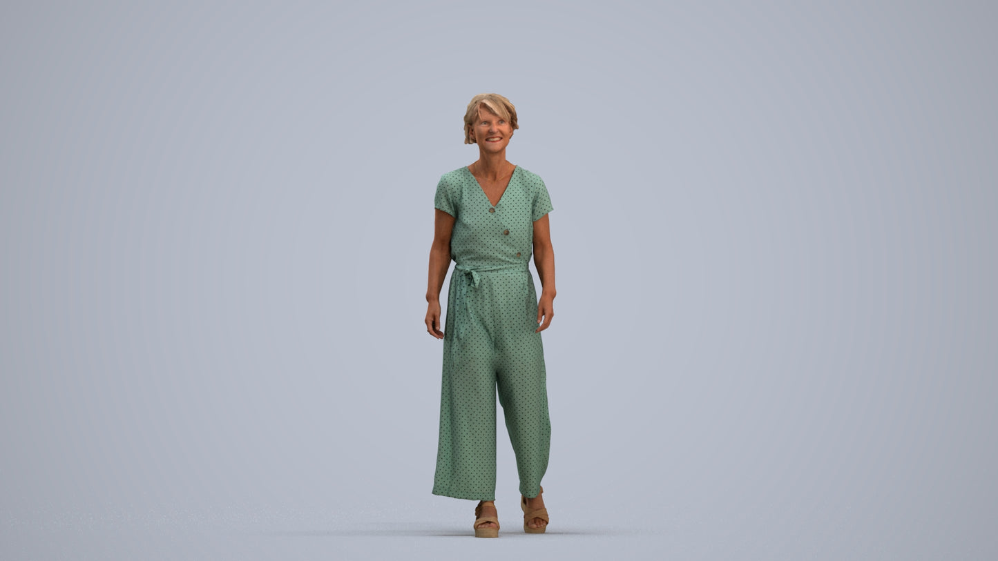 3D human model senior woman casual walking, photogrammetry scanned person for archviz, standing pose render