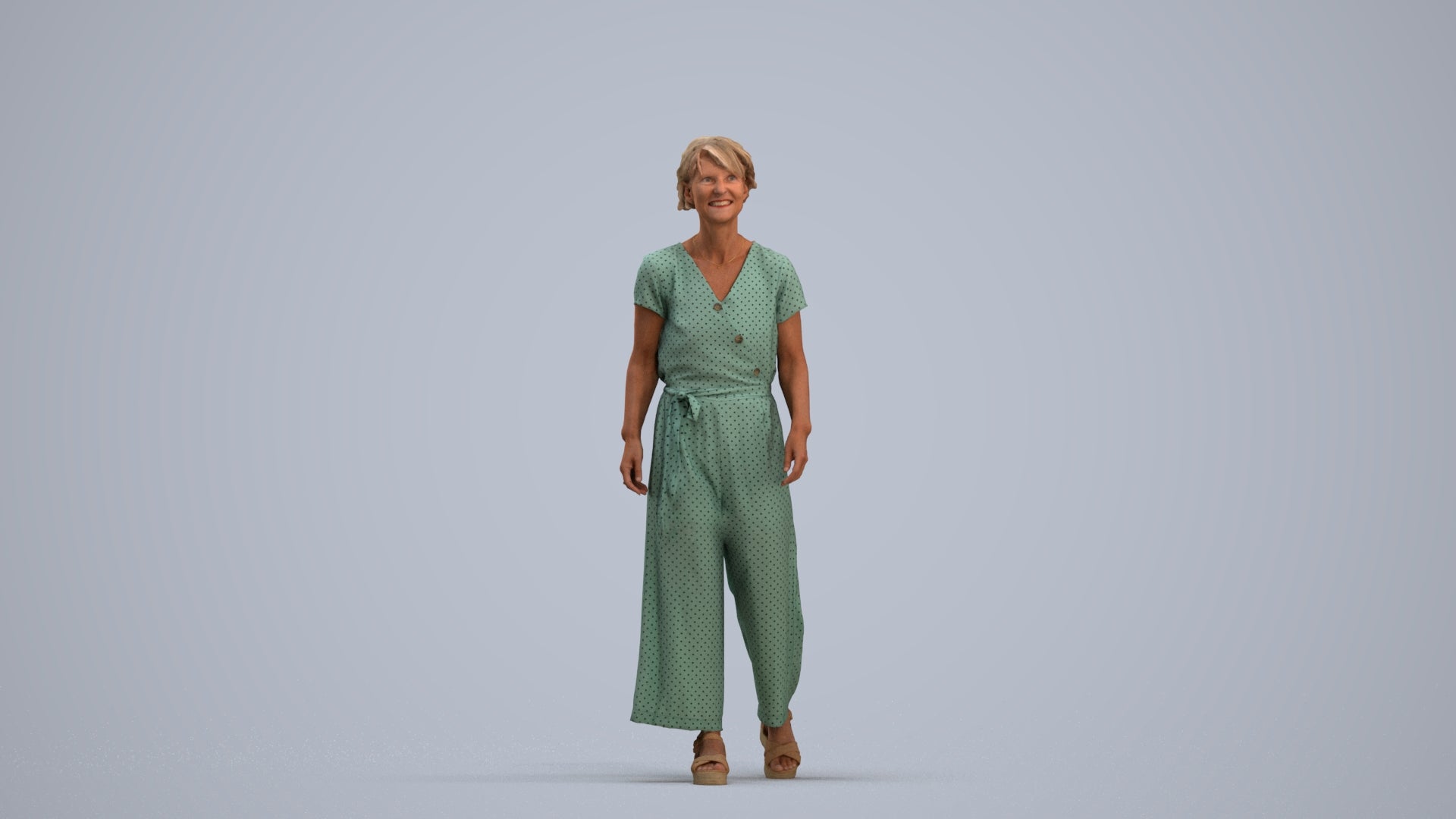3D human model senior woman casual walking, photogrammetry scanned person for archviz, standing pose render