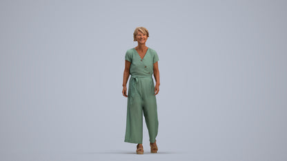 3D human model senior woman casual walking, photogrammetry scanned person for archviz, standing pose render