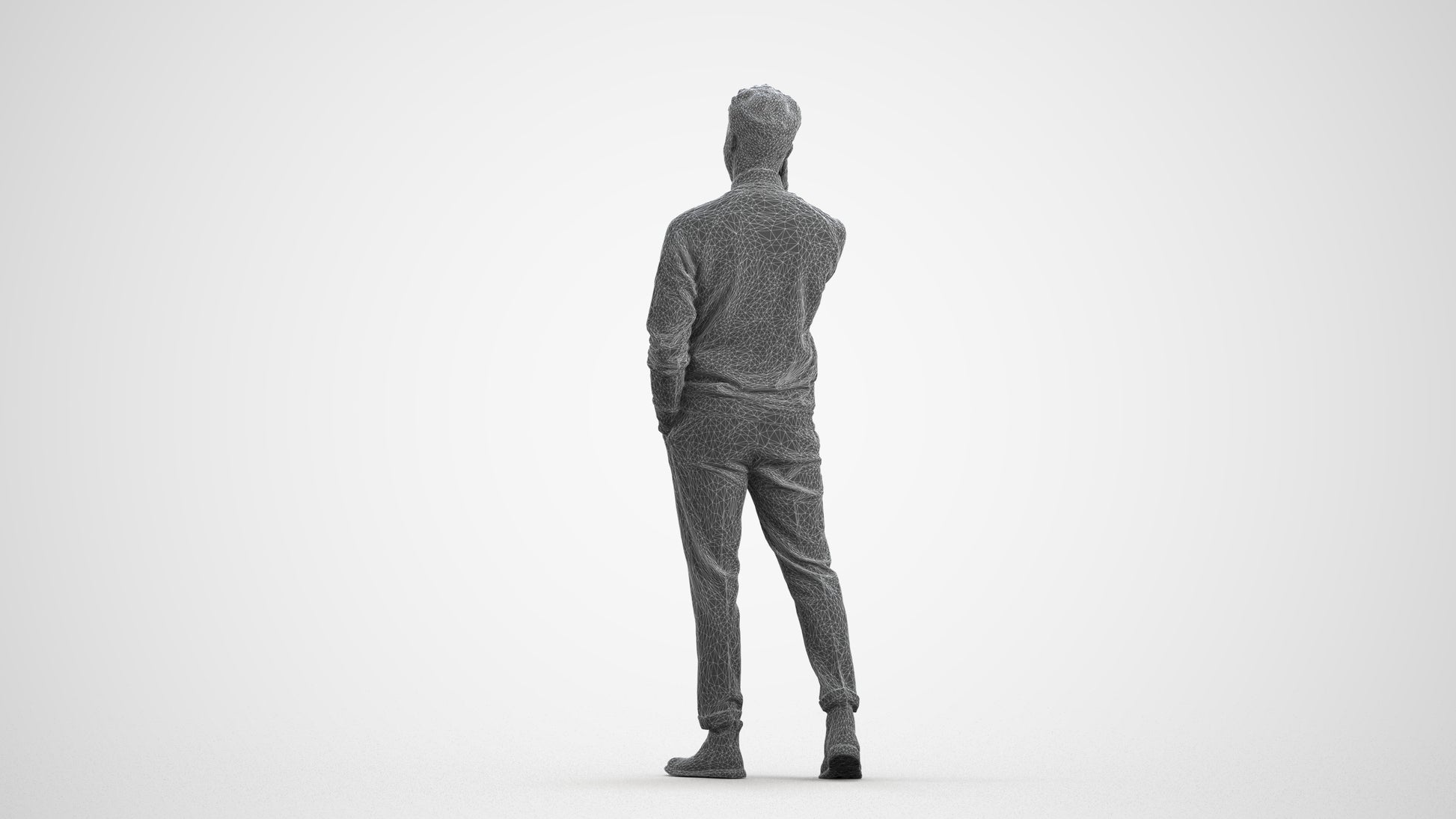 3D human model man casual walking, photogrammetry scanned person for archviz, wireframe front view
