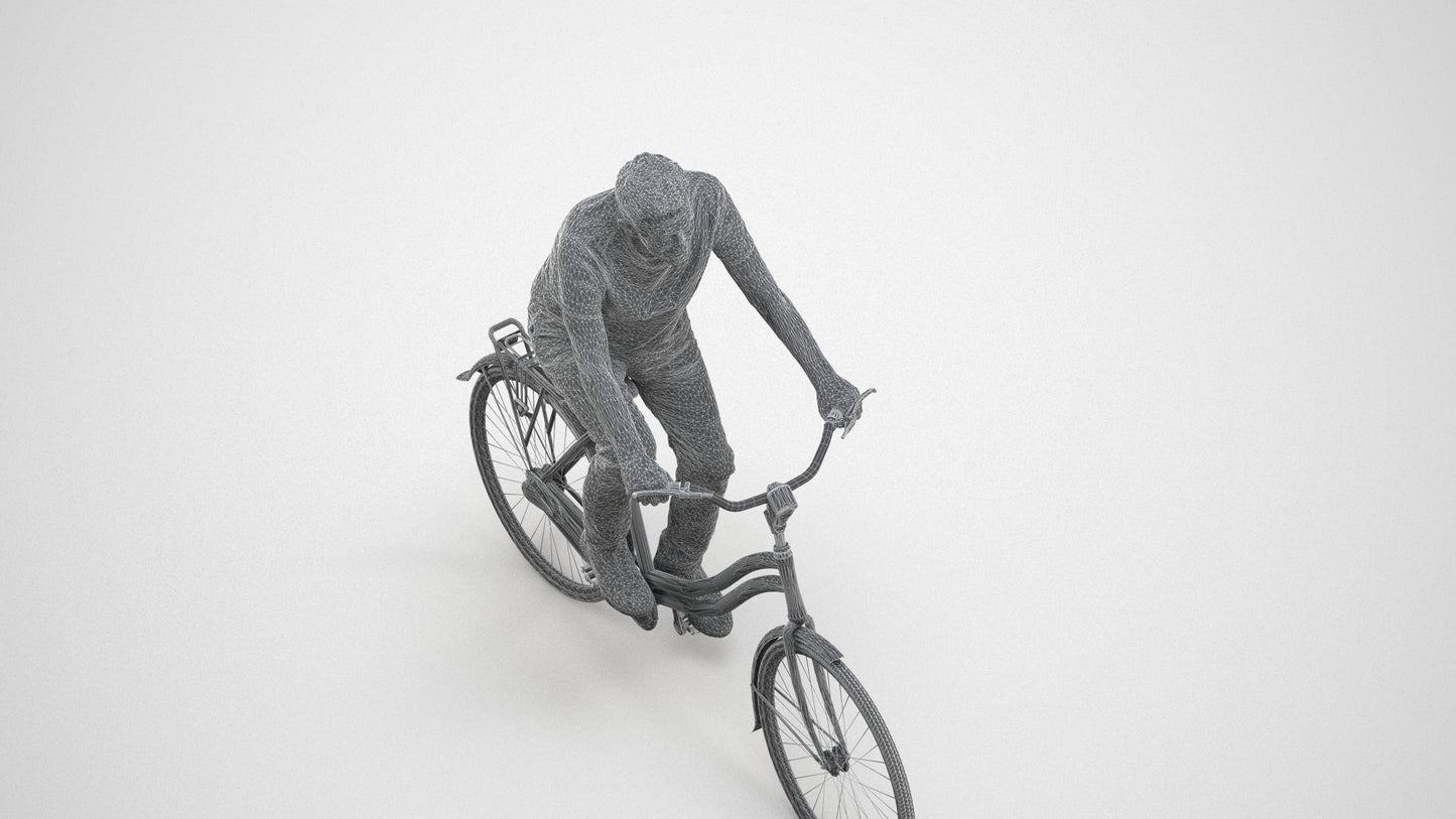 scanned 3D senior man casual cycling, photogrammetry people for Enscape and V-Ray, wireframe three-quarter view