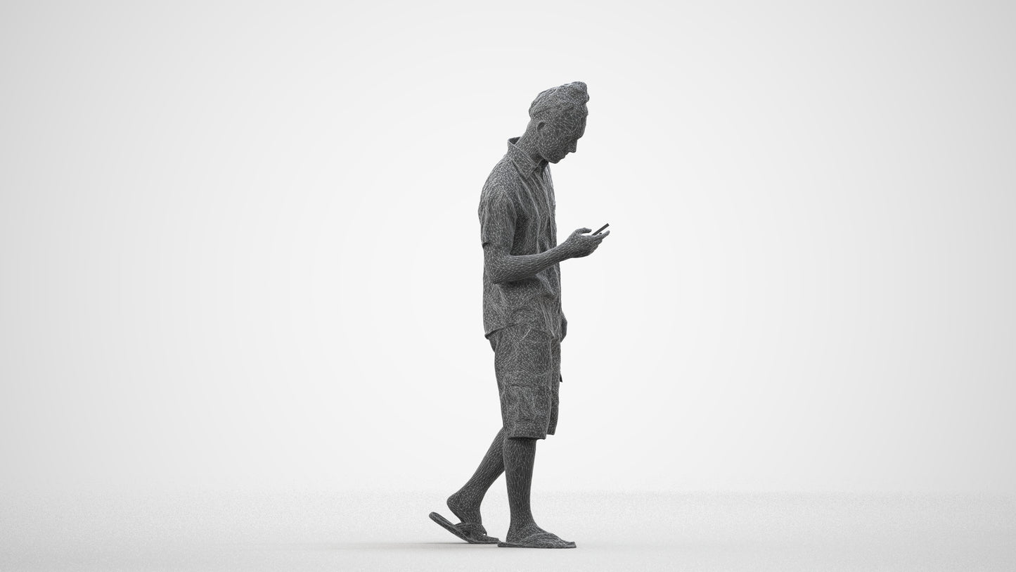 3D scanned man walking casual, photorealistic archviz people for Enscape and SketchUp, wireframe side view