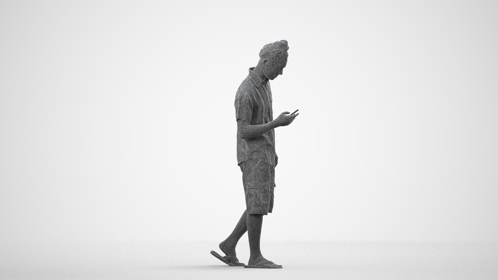 3D scanned man walking casual, photorealistic archviz people for Enscape and SketchUp, wireframe side view