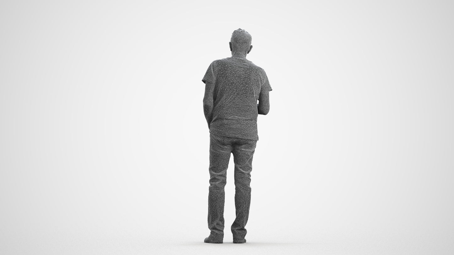 3D people model senior man casual standing, scanned human for 3ds Max rendering, wireframe front view