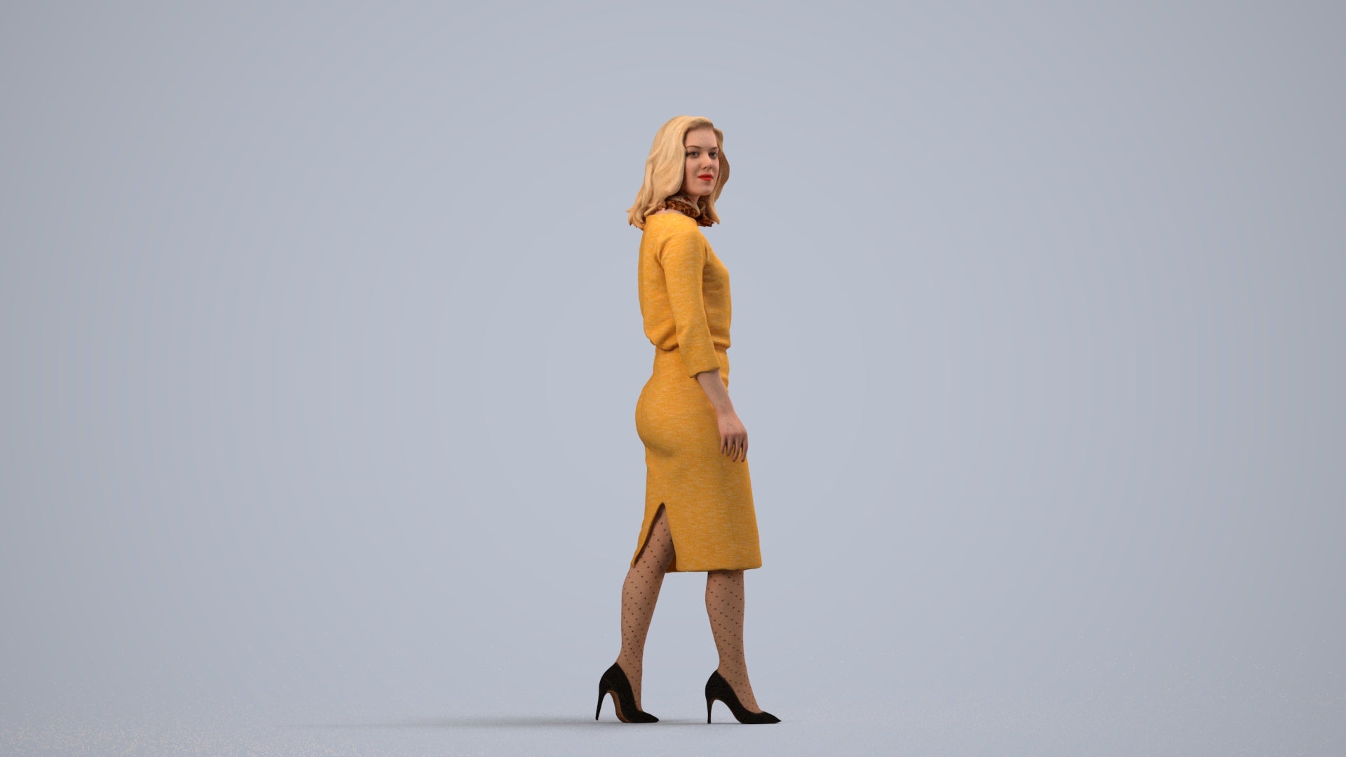 realistic 3D woman business standing, scanned archviz people for Blender and 3ds Max, side view render