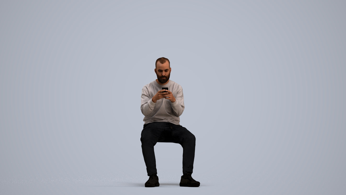 3D human model man casual sitting, photogrammetry scanned person for archviz, standing pose render