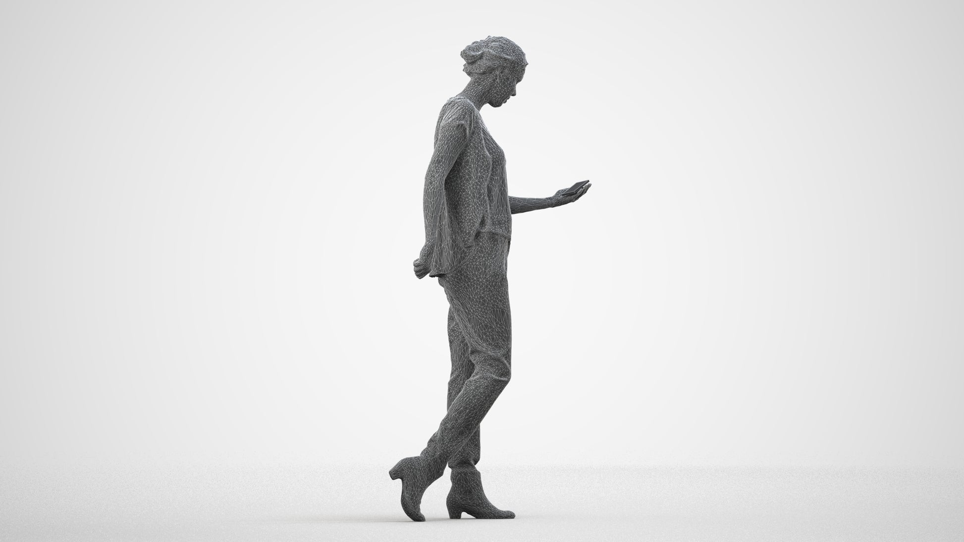 3D scanned woman standing casual, photorealistic archviz people for Enscape and SketchUp, wireframe side view