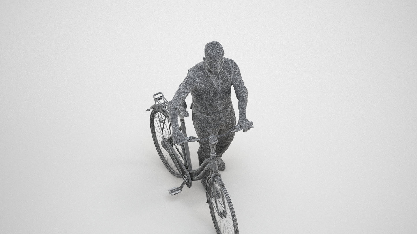 3D human model man business cycling, photogrammetry scanned person for archviz, wireframe three-quarter view