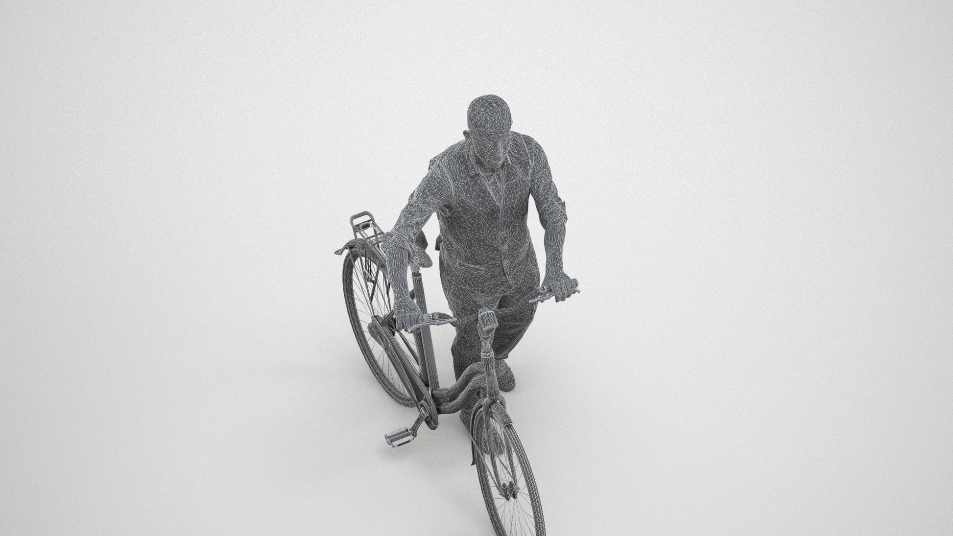 3D human model man business cycling, photogrammetry scanned person for archviz, wireframe three-quarter view
