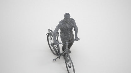 3D human model man business cycling, photogrammetry scanned person for archviz, wireframe three-quarter view