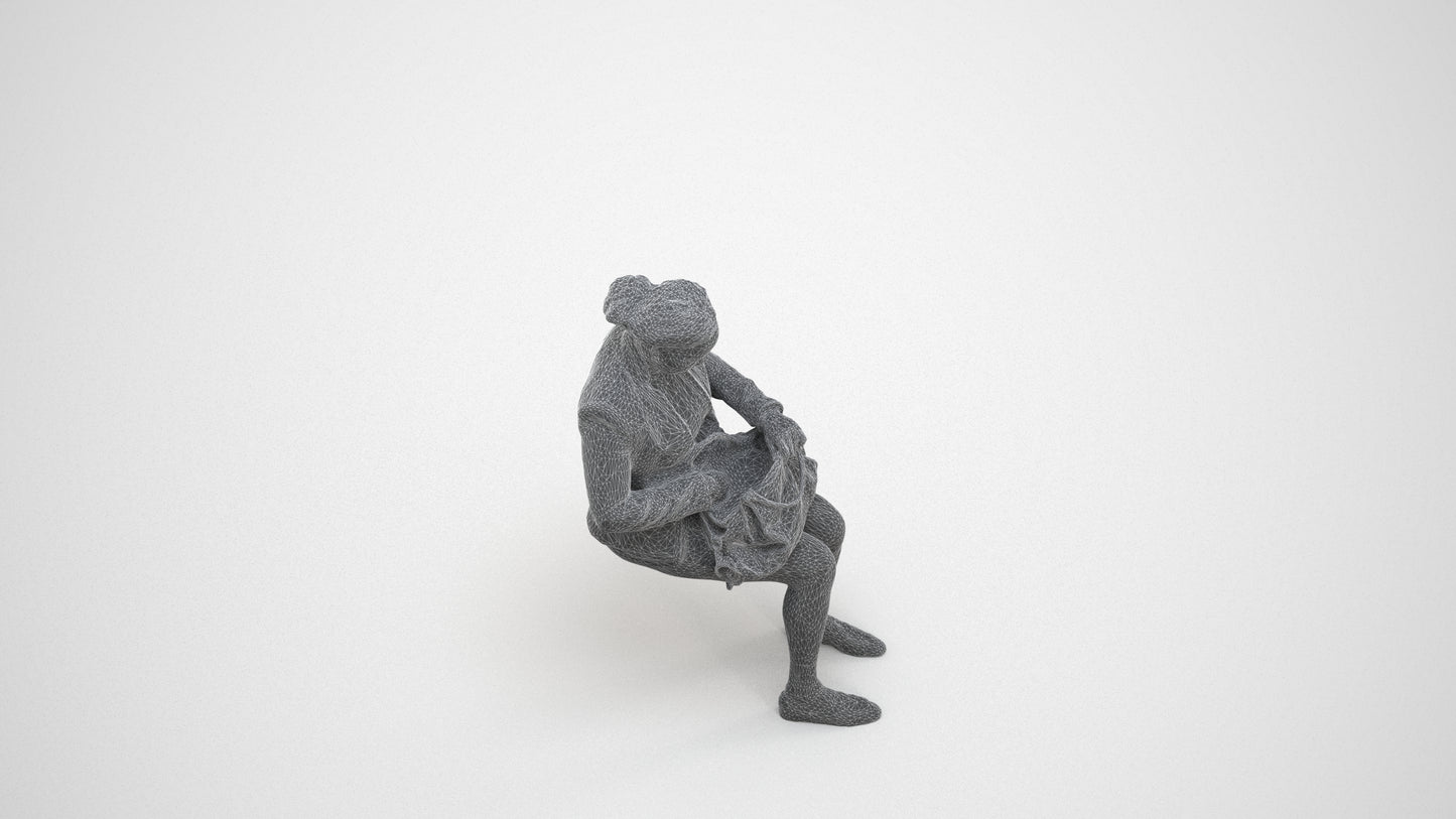 3D human model woman business sitting, photogrammetry scanned person for archviz, wireframe three-quarter view
