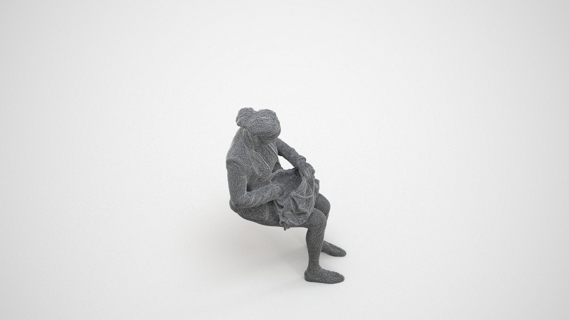 3D human model woman business sitting, photogrammetry scanned person for archviz, wireframe three-quarter view