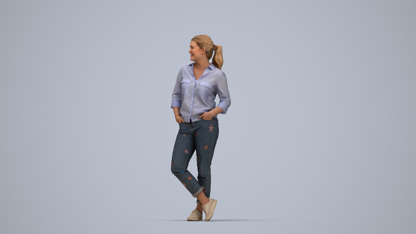 3D scanned woman standing casual, photorealistic archviz people for Enscape and SketchUp, top-down view render