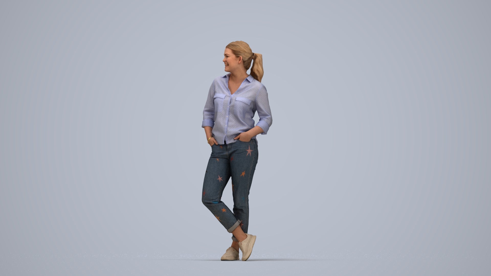 3D scanned woman standing casual, photorealistic archviz people for Enscape and SketchUp, top-down view render