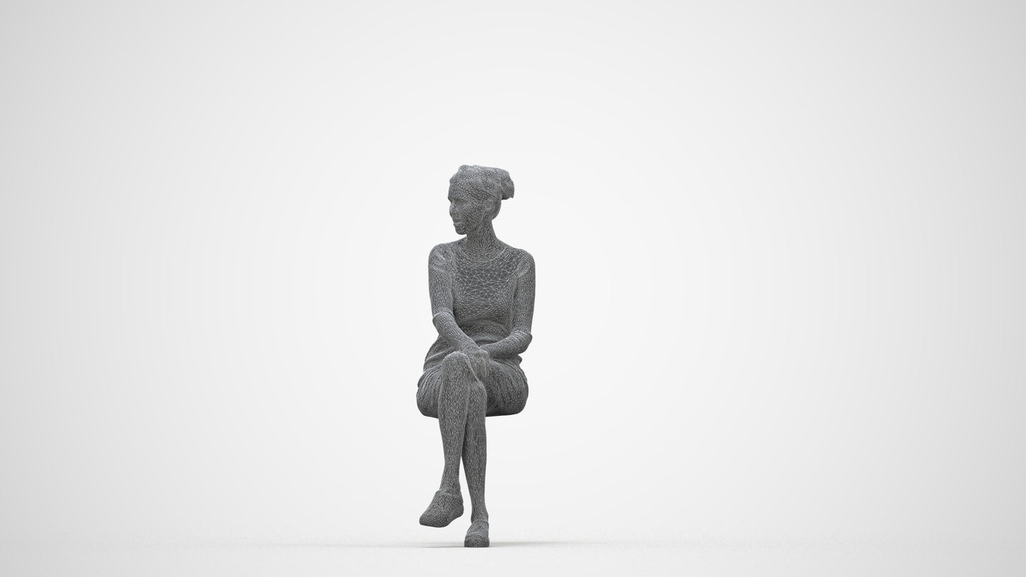 3D scanned woman sitting casual, photorealistic archviz people for Enscape and SketchUp, wireframe back view