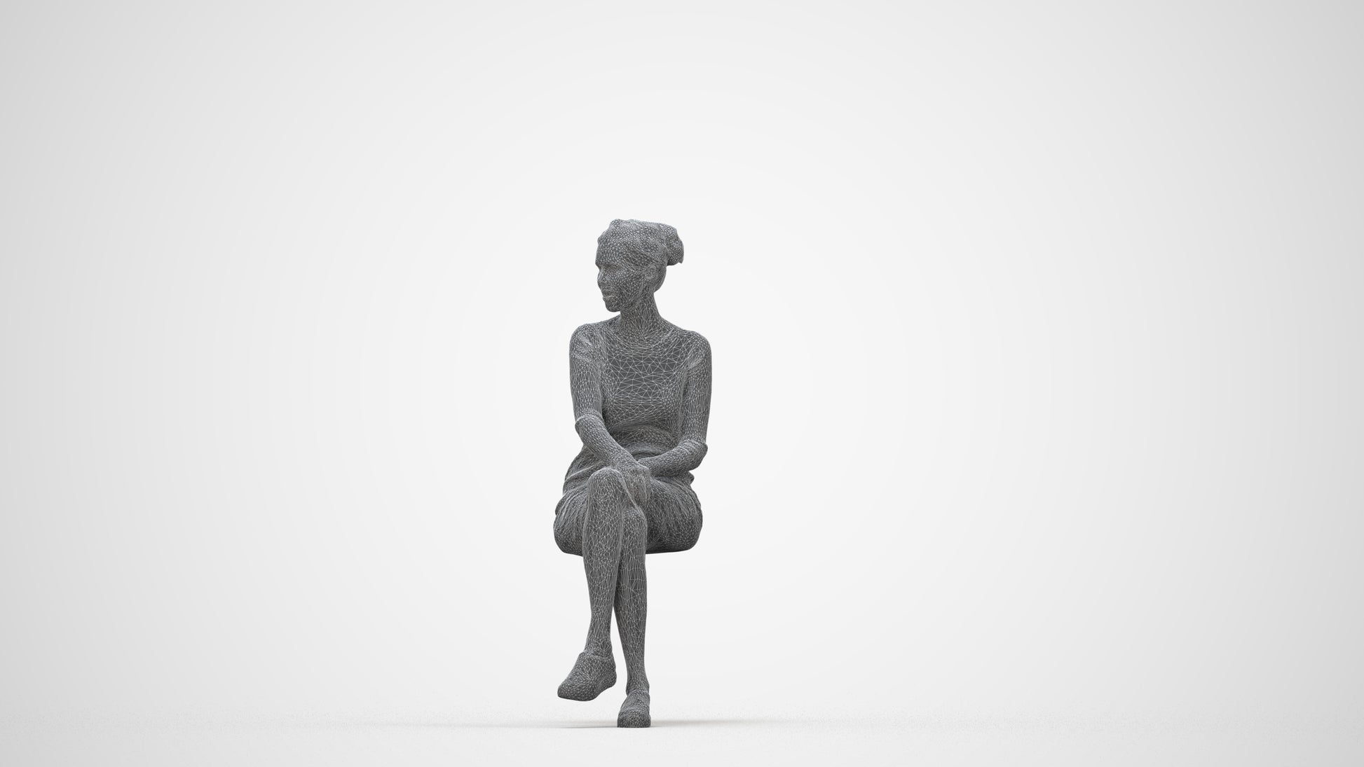 3D scanned woman sitting casual, photorealistic archviz people for Enscape and SketchUp, wireframe back view