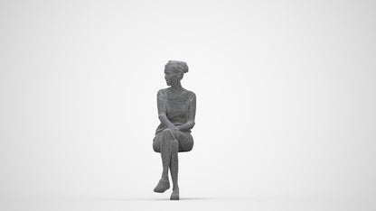 3D scanned woman sitting casual, photorealistic archviz people for Enscape and SketchUp, wireframe back view