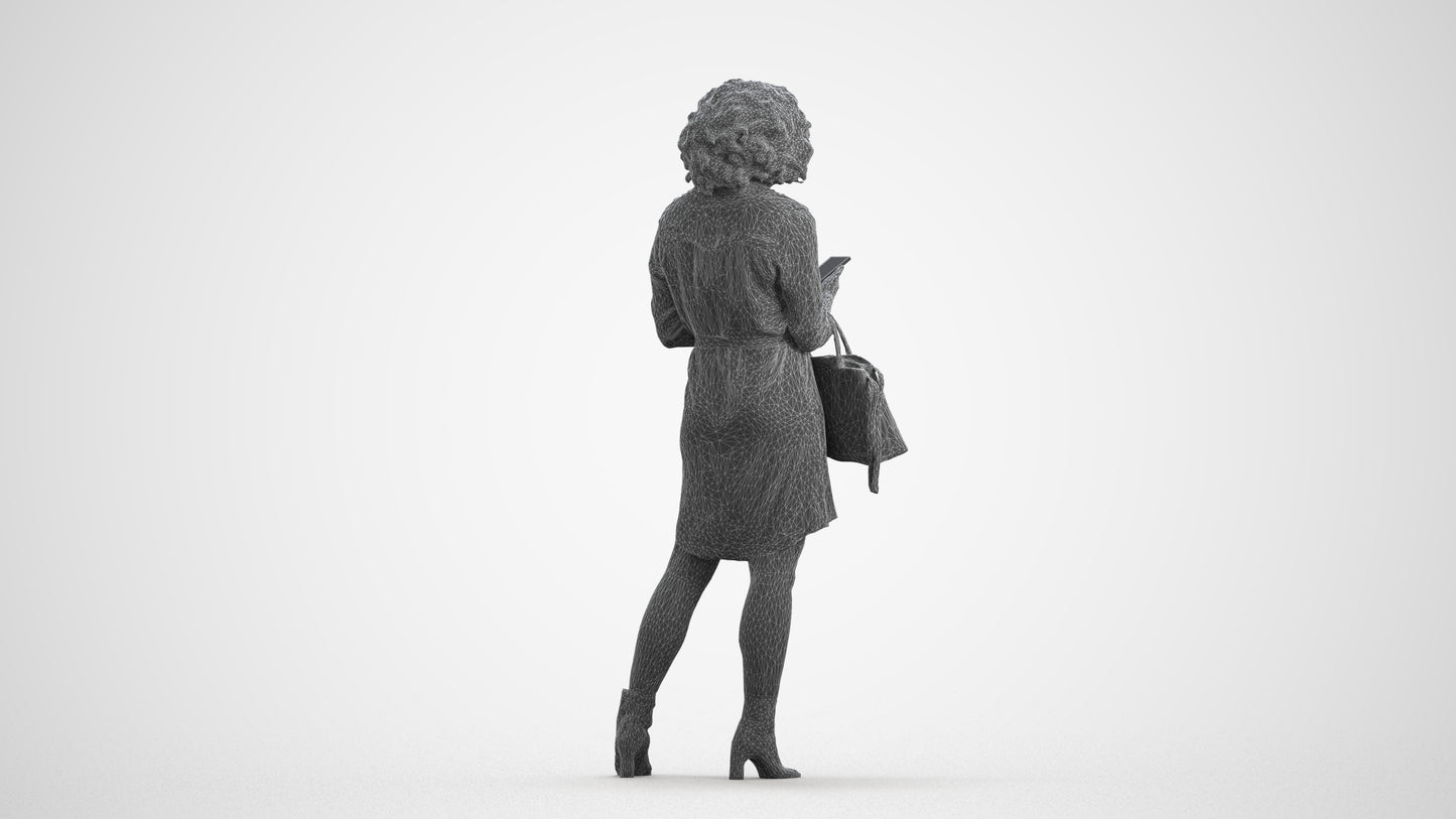 3D scanned woman standing casual, photorealistic archviz people for Enscape and SketchUp, wireframe front view