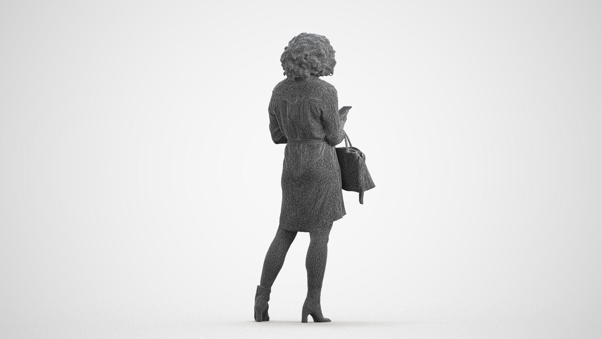 3D scanned woman standing casual, photorealistic archviz people for Enscape and SketchUp, wireframe front view