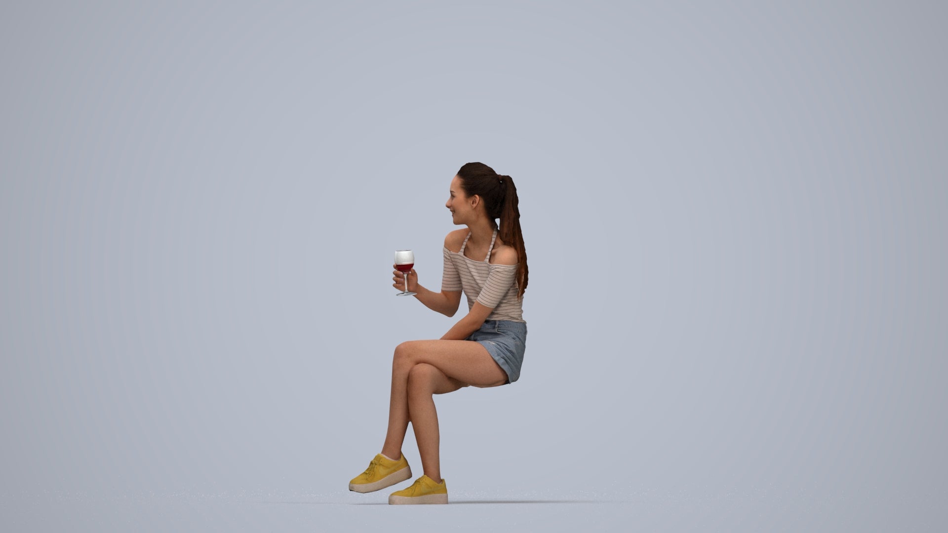photogrammetry 3D woman casual sitting, realistic human model archviz FBX, top-down view render