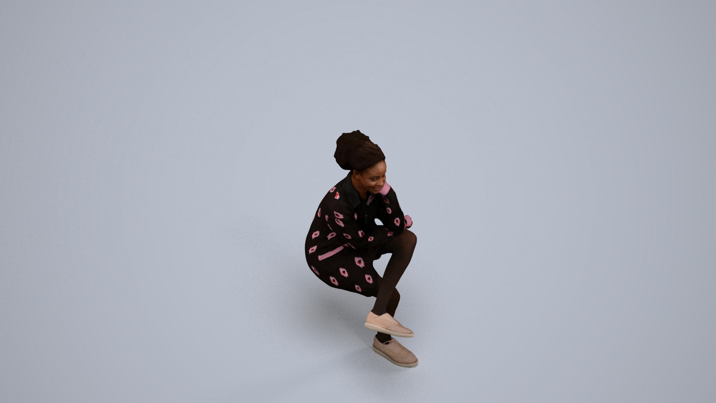 realistic 3D human woman casual sitting, archviz people FBX OBJ for Blender, back view render