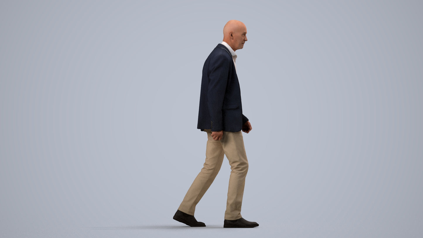 3D human model senior man business, photogrammetry scanned person for archviz, side view render