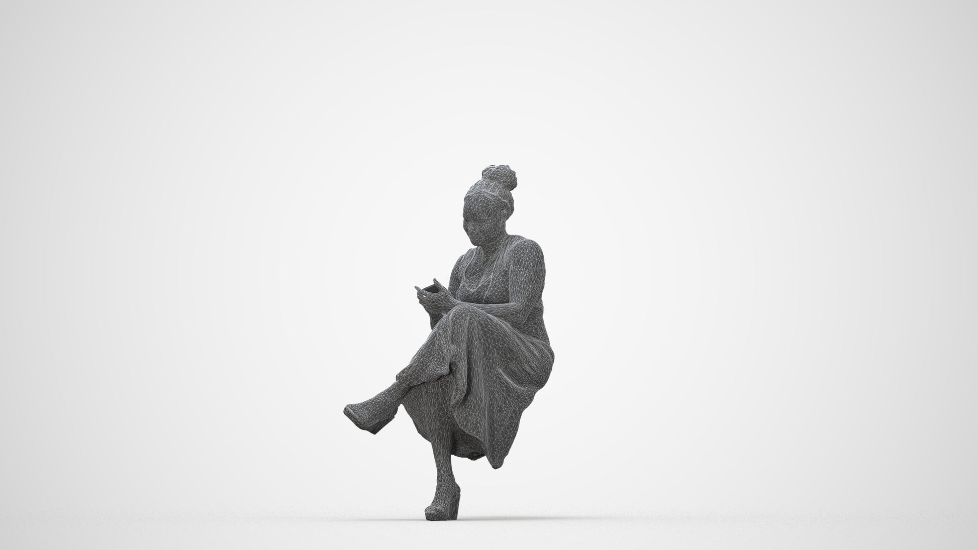 realistic 3D woman casual sitting, scanned archviz people for Blender and 3ds Max, wireframe back view