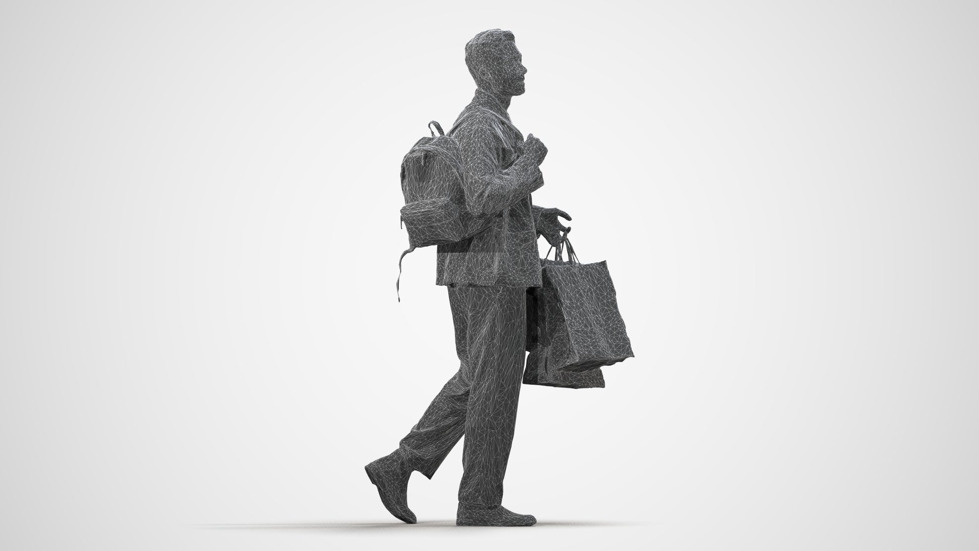 realistic 3D human man casual shopping, archviz people FBX OBJ for Blender, wireframe side view
