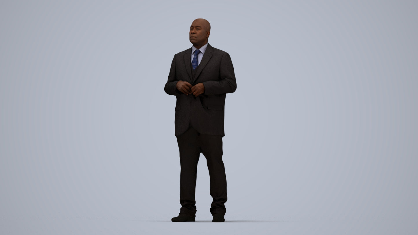 3D human model man business, photogrammetry scanned person for archviz, top-down view render