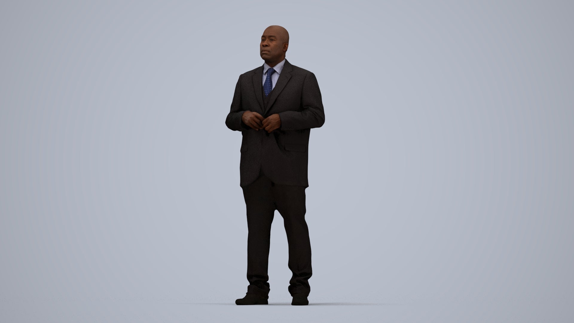 3D human model man business, photogrammetry scanned person for archviz, top-down view render
