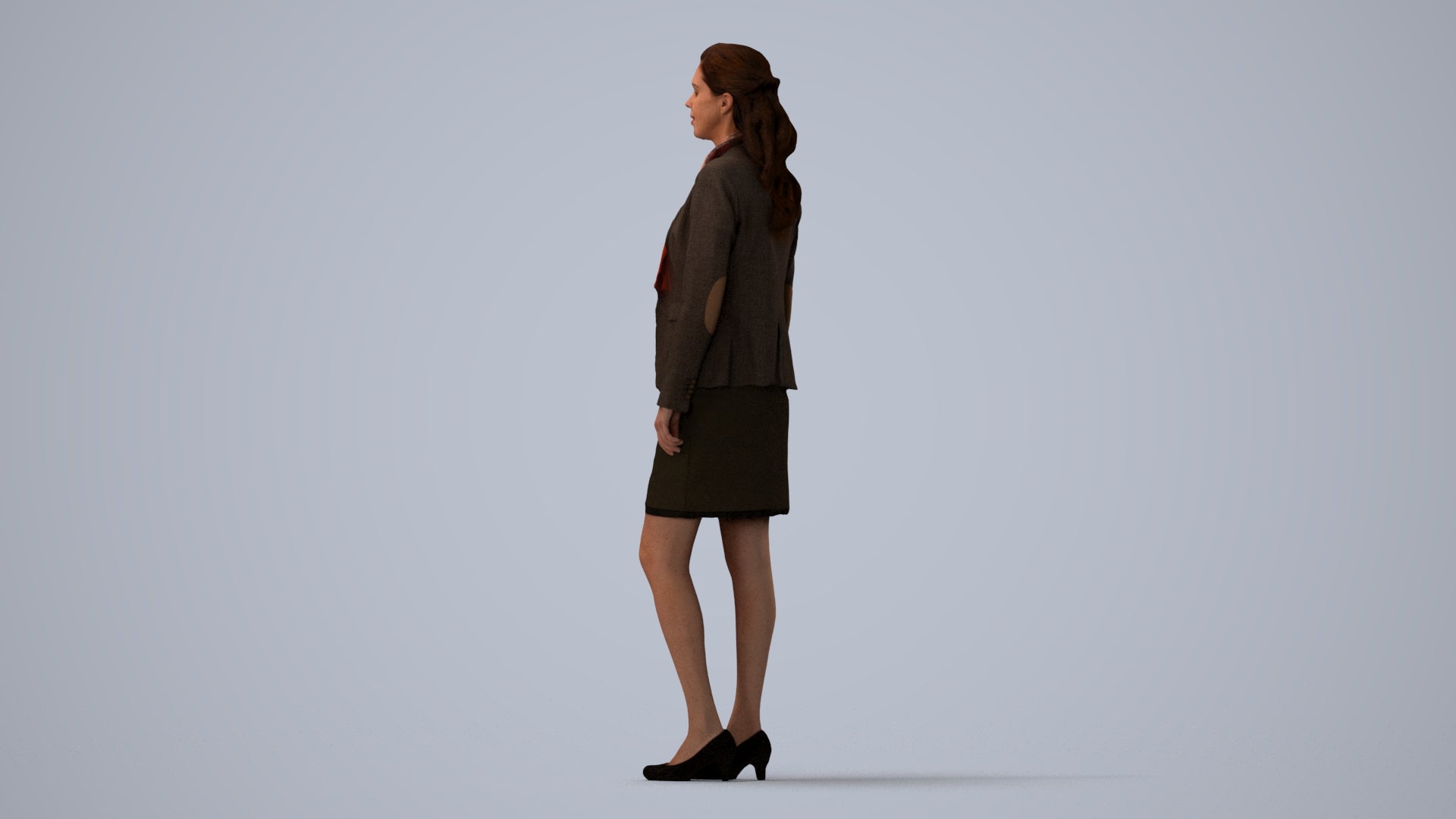 realistic 3D human woman business, archviz people FBX OBJ for Blender, three-quarter view render