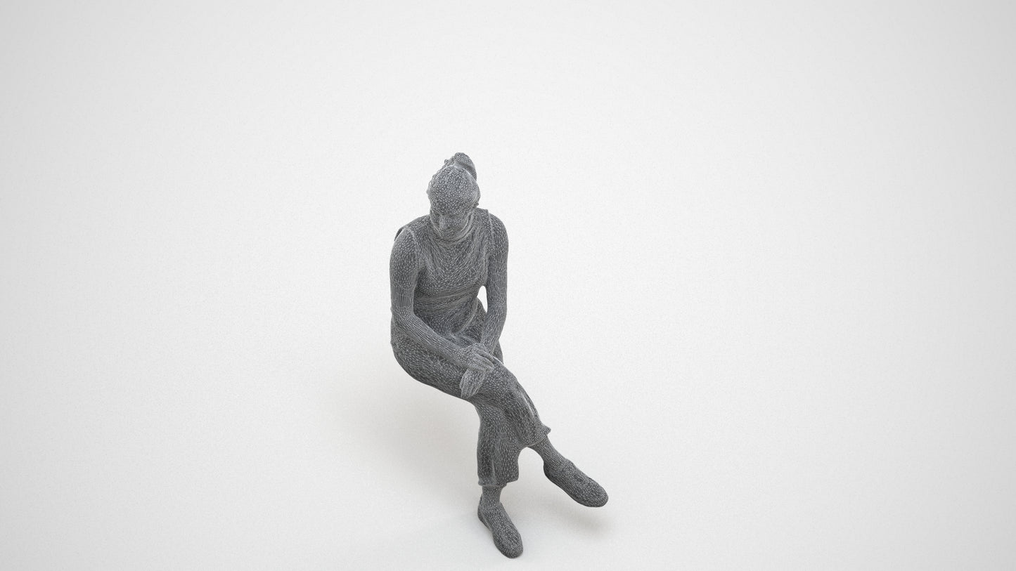 realistic 3D woman casual sitting, scanned archviz people for Blender and 3ds Max, wireframe three-quarter view