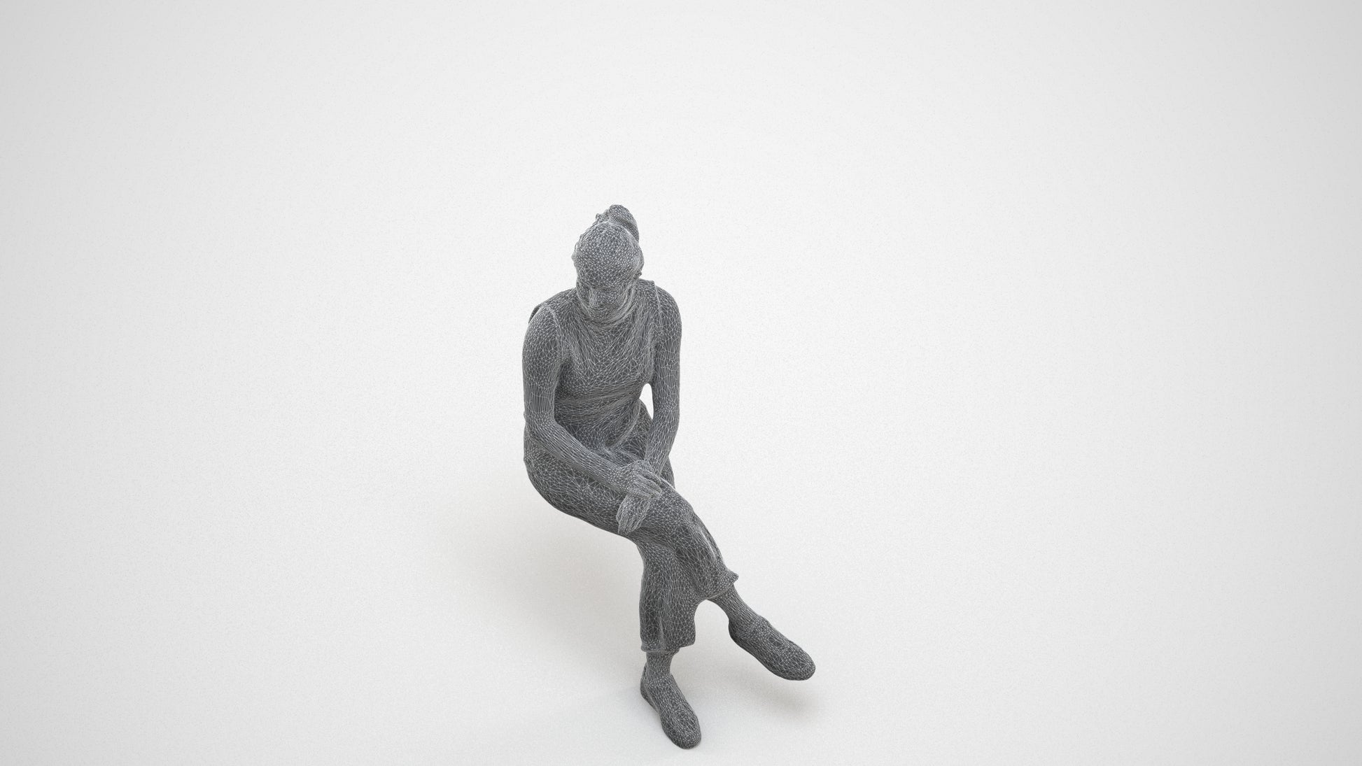 realistic 3D woman casual sitting, scanned archviz people for Blender and 3ds Max, wireframe three-quarter view